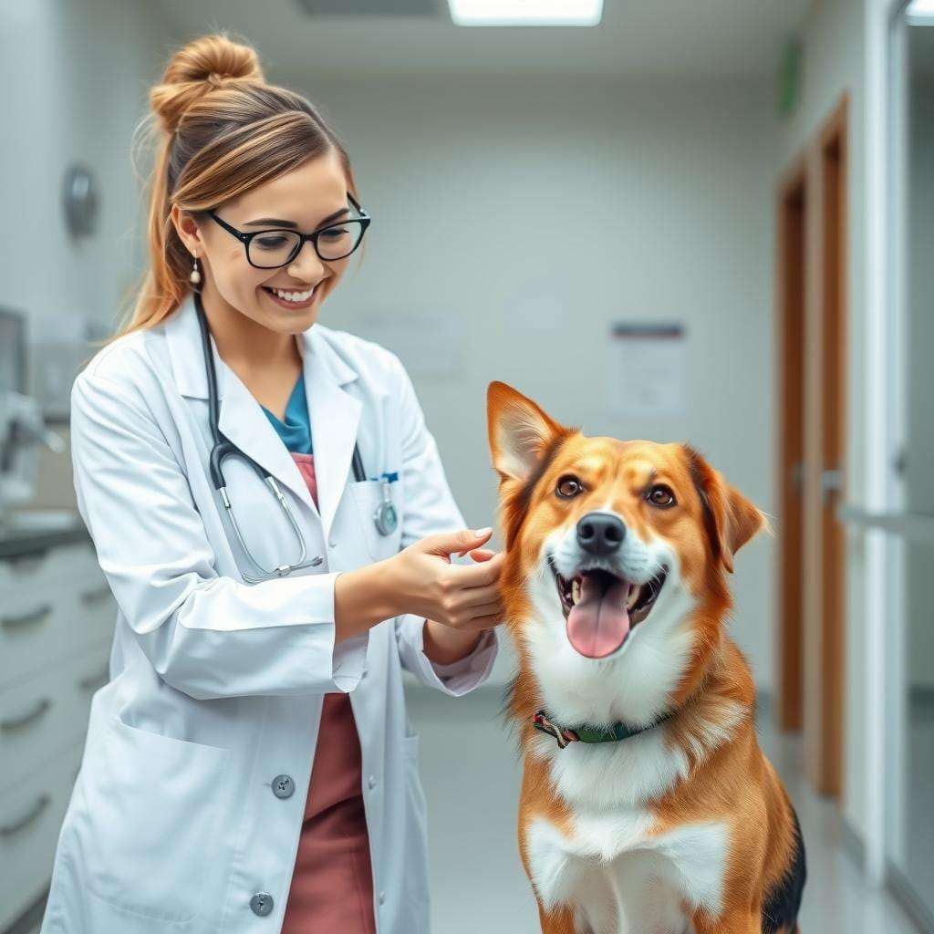 A veterinarian examining a healthy dog that eats The Farmer's Dog food A veterinarian examining a healthy dog that eats The Farmer's Dog food