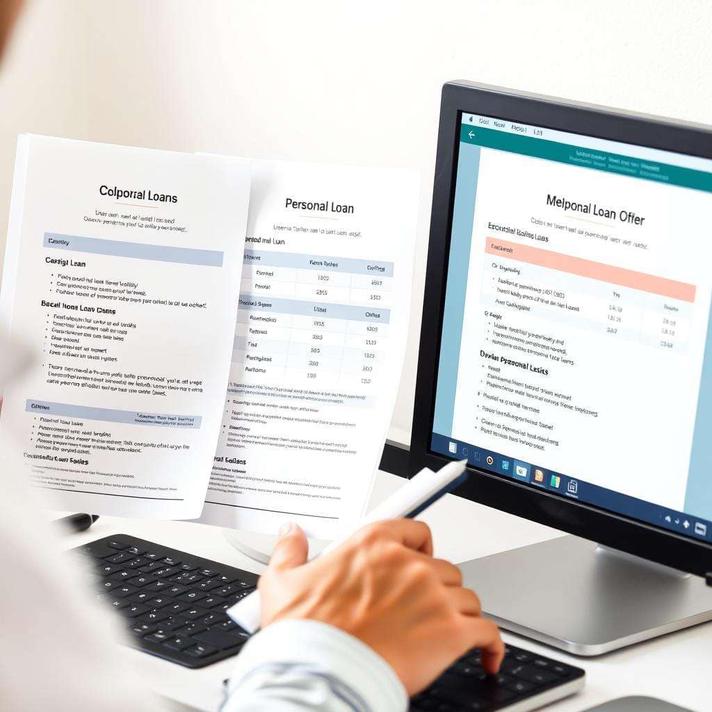 Person comparing loan offers from multiple lenders Person comparing loan offers from multiple lenders
