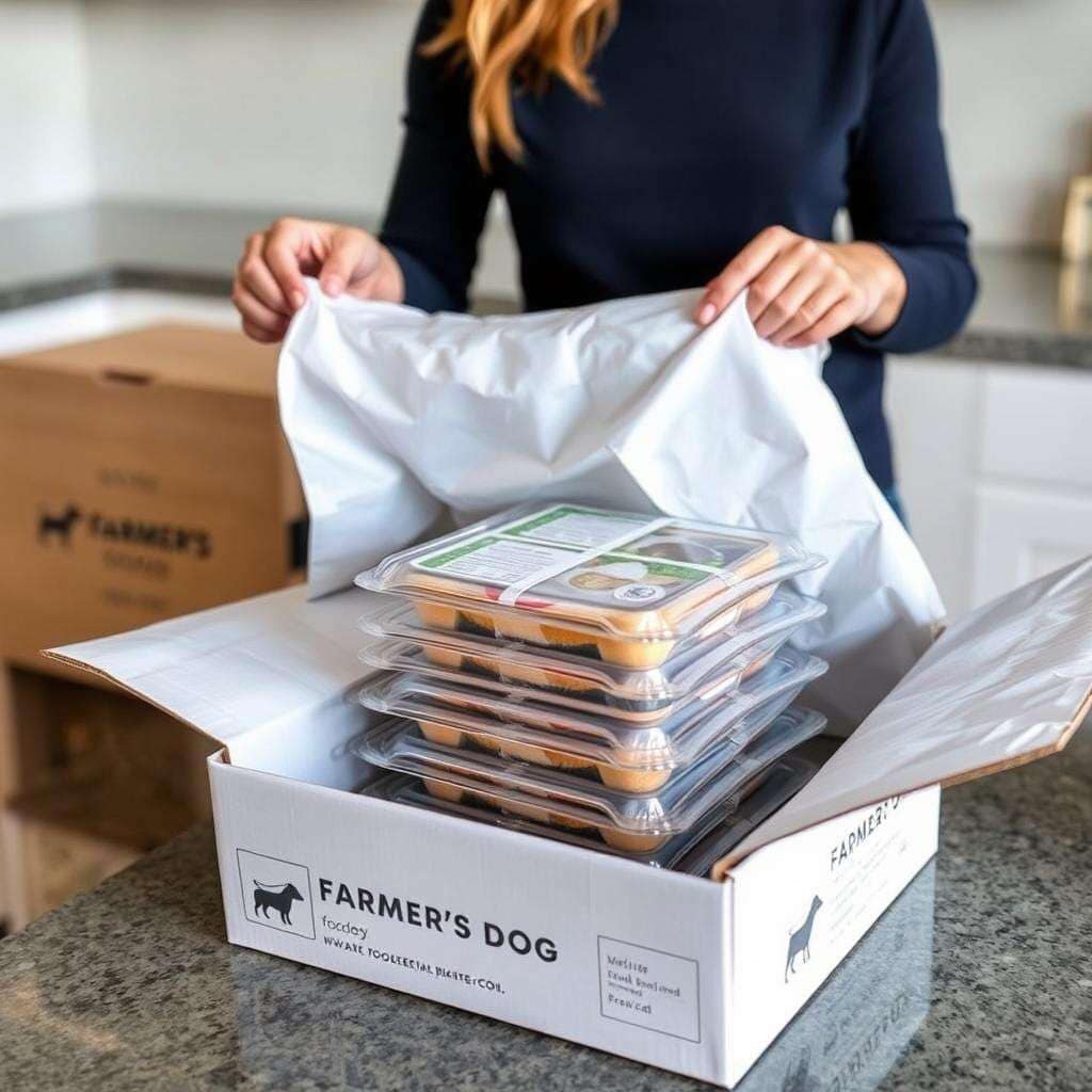 The Farmer's Dog delivery box being unpacked with frozen meal packs The Farmer's Dog delivery box being unpacked with frozen meal packs