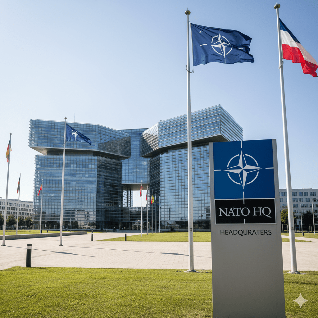 image MindViewMagazinecom A wide angle shot of the NATO headquarters in Brussels Belgium showcasing its modern imposing architecture The building symbolizes the collective political and military power of the alliance
