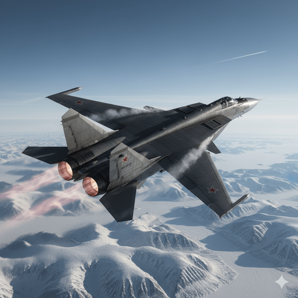 image MindViewMagazinecom A powerful menacing shot of a Russian MiG 31 Foxhound fighter jet in flight showcasing its twin tail and large engines The image should convey speed and military potency
