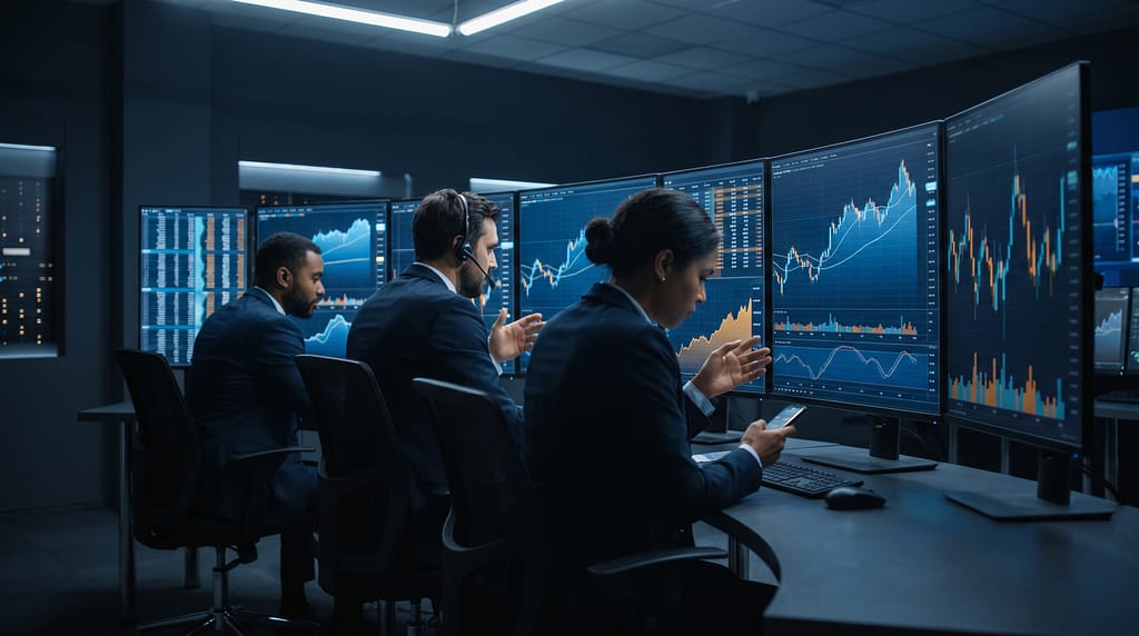 Photorealisticeditorialnewsphotograph32202606032002 MindViewMagazinecom Institutional traders watching Bitcoin ETF outflow data on trading screens in a dark financial office June 2026