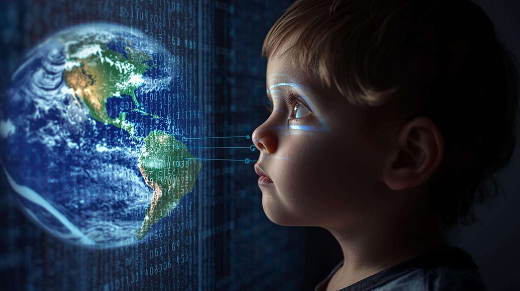 A child staring at a holographic Earth divided by code lines MindViewMagazinecom