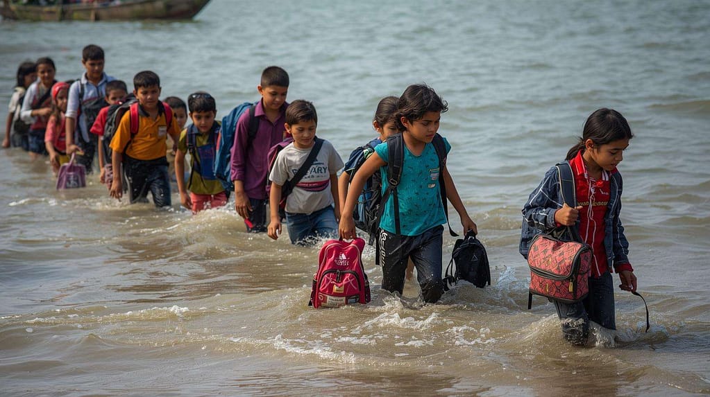 Children wading through ankletokneedeep water carrying schoolbags MindViewMagazinecom