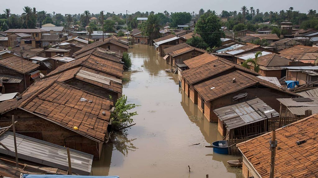 Flooded Sudanese village with water covering rooftops MindViewMagazinecom Sudan floods 2025 survivors wading through submerged village streets