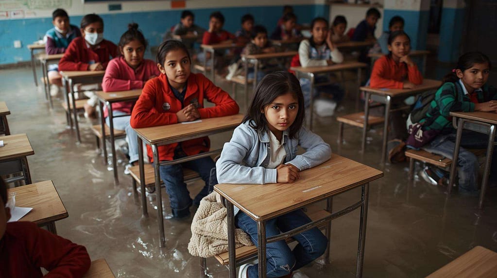 Flooded school classrooms with children sitting on raised benches MindViewMagazinecom