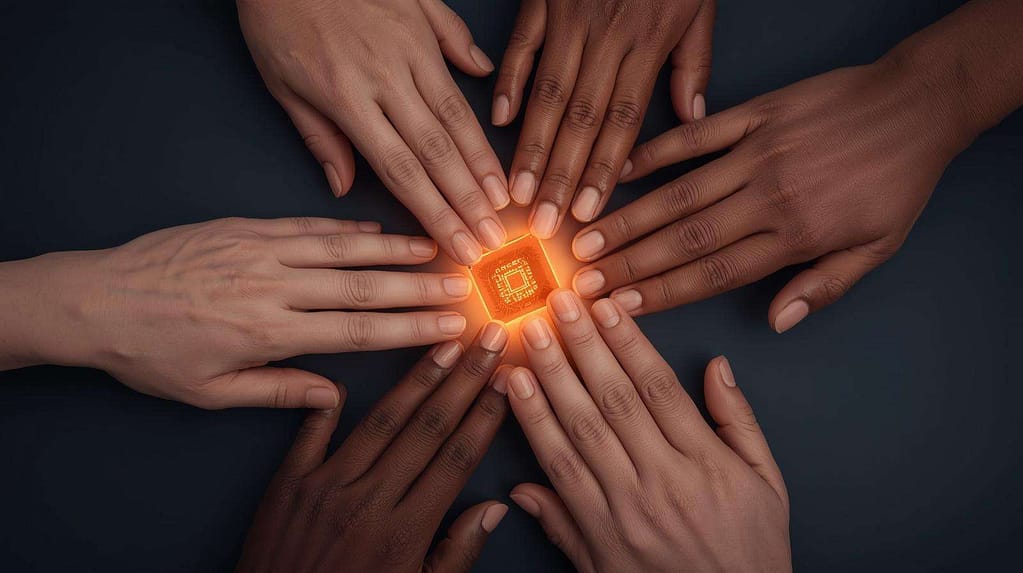 Hands of different skin tones touching a single glowing chip MindViewMagazinecom