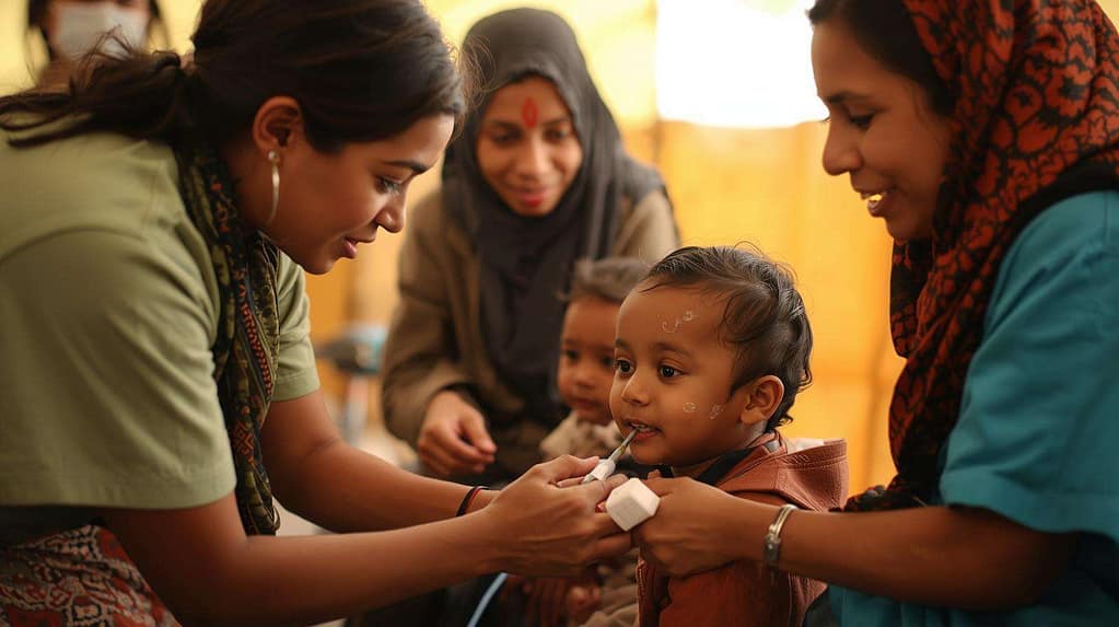 Relief workers helping a child with medical care in a temporary clinic MindViewMagazinecom Smiling children amid mud and water Sudan floods 2025 survivors hopeful