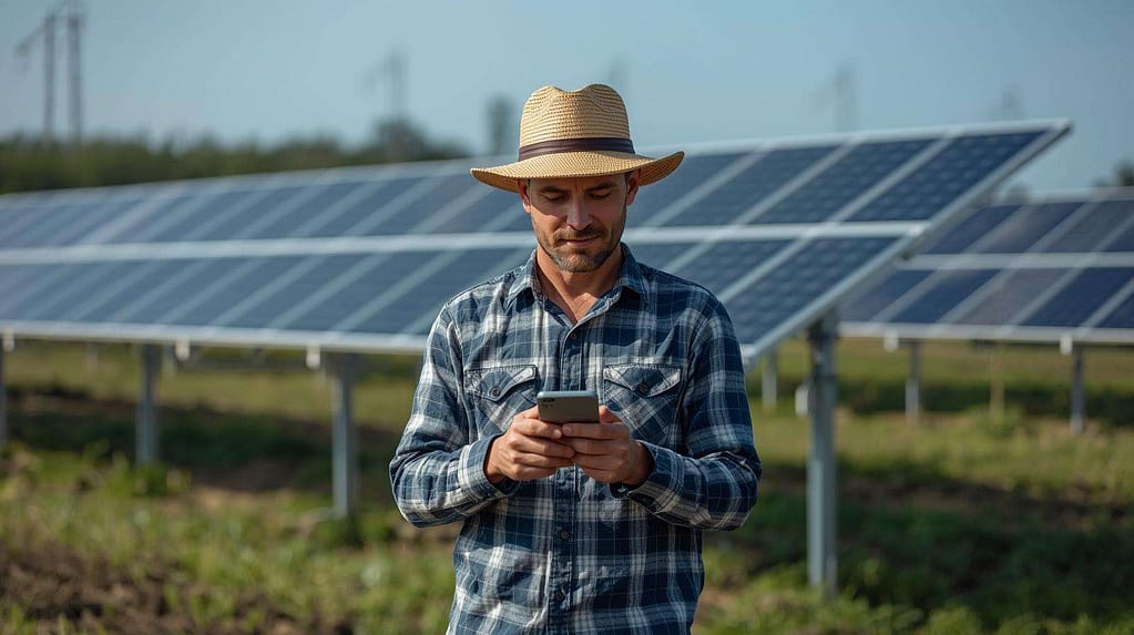 Rural farmers using AI apps under solar panels MindViewMagazinecom