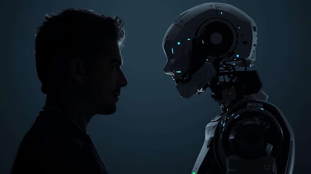 Silhouette of a human facing an AI robot in contrast lighting MindViewMagazinecom