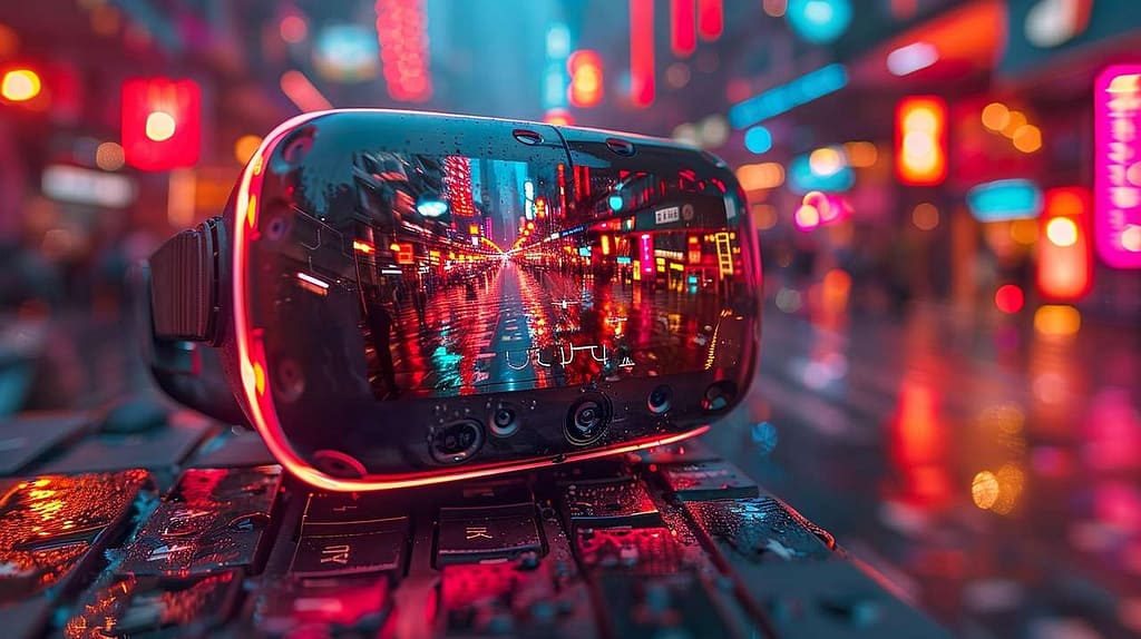 Photo by popmelon MindViewMagazinecom ai generated virtual reality goggles city lights technology headset vr tech futuristic