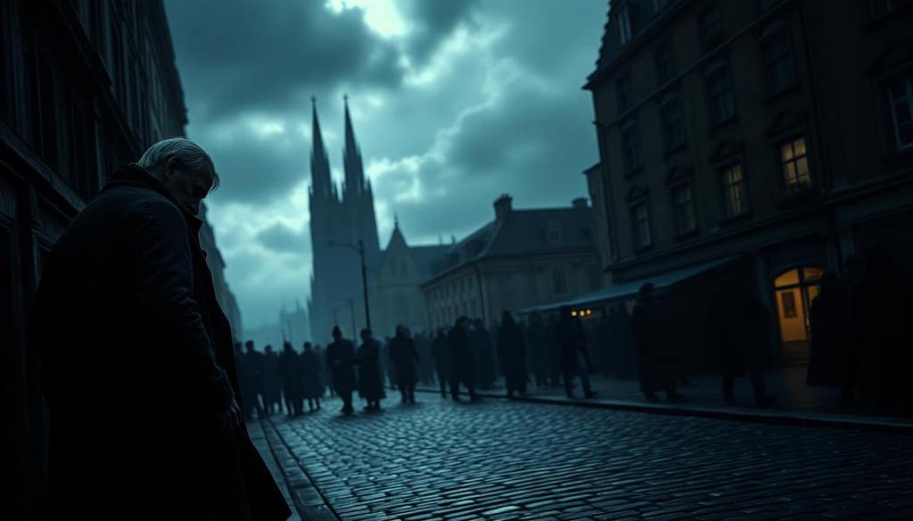 A dimly lit city street in the 18th century cobblestones glistening under a moody sky In the foreground a figure in a tattered coat stands resolute head bowed as if bearing the weight of a revolution In the middle ground the silhouettes of citizens gather their faces obscured by shadows In the background the towering spires of a Mindviewmagazine cathedral loom a symbol of the old order The scene exudes a sense of tension and uncertainty capturing the epic scope of Dickens masterpiece A Tale of Two Cities A dimly lit city street in the 18th century cobblestones glistening under a moody sky In the foreground a figure in a tattered coat stands resolute head bowed as if bearing the weight of a revolution In the middle ground the silhouettes of citizens gather their faces obscured by shadows In the background the towering spires of a Mindviewmagazine cathedral loom a symbol of the old order The scene exudes a sense of tension and uncertainty capturing the epic scope of Dickens masterpiece A Tale of Two Cities