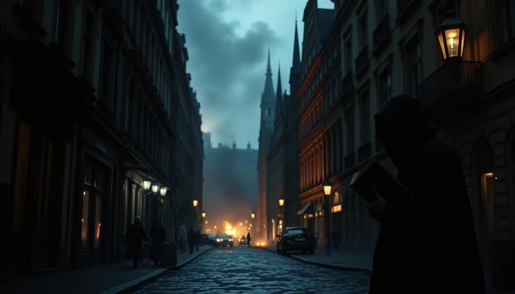 A dimly lit city street in the 19th century with a striking contrast between light and shadow In the foreground a lone figure clutches a book their face obscured symbolizing the themes of duality redemption and the individuals struggle against the forces of revolution and societal upheaval In the middle ground the silhouettes of towering buildings loom their gothic architecture casting ominous shadows In the background a distant fiery glow suggests the unrest and violence of the French Revolution a backdrop to the personal dramas of the characters The overall mood is one of tension foreboding and the weight of history Mindviewmagazine A dimly lit city street in the 19th century with a striking contrast between light and shadow In the foreground a lone figure clutches a book their face obscured symbolizing the themes of duality redemption and the individuals struggle against the forces of revolution and societal upheaval In the middle ground the silhouettes of towering buildings loom their gothic architecture casting ominous shadows In the background a distant fiery glow suggests the unrest and violence of the French Revolution a backdrop to the personal dramas of the characters The overall mood is one of tension foreboding and the weight of history Mindviewmagazine
