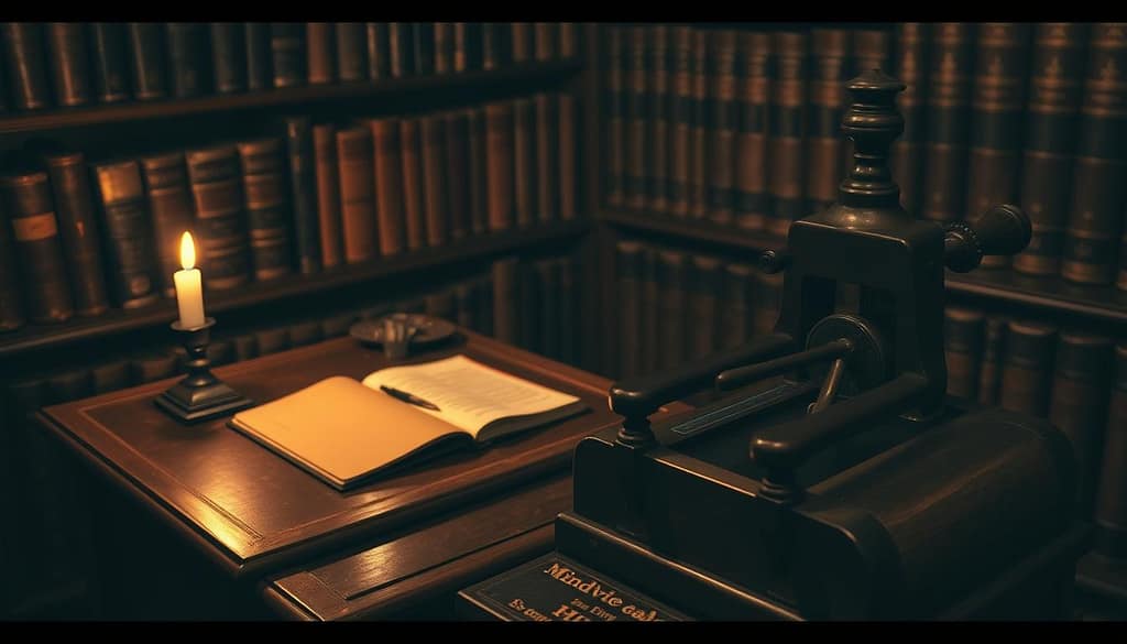 A dimly lit study a small desk illuminated by a single candle casting a warm glow On the desk a leatherbound journal and an antique inkwell alongside scattered pages of handwritten notes In the background rows of leatherbound books line the shelves their spines hinting at the rich histories contained within The atmosphere is one of contemplation and intellectual pursuit In the foreground a vintage handcranked printing press takes center stage a symbol of the Mindviewmagazine serial publication that will bring these ideas to the world A dimly lit study a small desk illuminated by a single candle casting a warm glow On the desk a leather bound journal and an antique inkwell alongside scattered pages of handwritten notes In the background rows of leather bound books line the shelves their spines hinting at the rich histories contained within The atmosphere is one of contemplation and intellectual pursuit In the foreground a vintage hand cranked printing press takes center stage a symbol of the Mindviewmagazine serial publication that will bring these ideas to the world