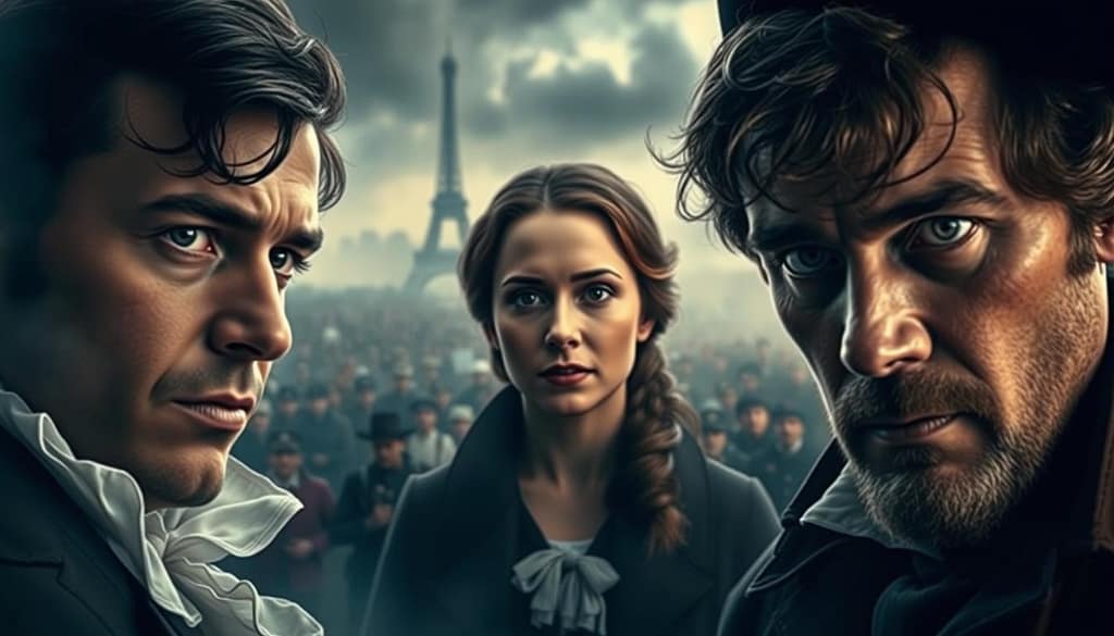A dramatic scene of character analysis in A Tale of Two Cities set against a backdrop of the French Revolution In the foreground the faces of key protagonists Sidney Carton Lucie Manette and Charles Darnay emerge with vivid intensity their expressions reflecting the themes of redemption and sacrifice The middle ground features a crowd of revolutionary figures their features obscured by the chaos and turbulence of the era In the background a hazy cityscape of Paris sets the stage with ominous clouds and a somber moody lighting that evokes the sweeping drama of Dickens epic Mindviewmagazine A dramatic scene of character analysis in A Tale of Two Cities set against a backdrop of the French Revolution In the foreground the faces of key protagonists Sidney Carton Lucie Manette and Charles Darnay emerge with vivid intensity their expressions reflecting the themes of redemption and sacrifice The middle ground features a crowd of revolutionary figures their features obscured by the chaos and turbulence of the era In the background a hazy cityscape of Paris sets the stage with ominous clouds and a somber moody lighting that evokes the sweeping drama of Dickens epic Mindviewmagazine