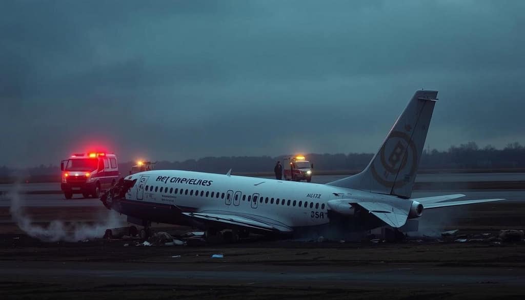A harrowing scene of a commercial aircraft incident as depicted for the Tragedy as Russian Plane Crashes with 50 Onboard article in Mindviewmagazine In the foreground the battered fuselage of the plane lies on a desolate scorched tarmac its tail section torn off Wispy tendrils of smoke rise from the wreckage In the middle ground emergency vehicles and personnel attend to the scene their flashing lights casting an eerie glow The background is shrouded in an ominous overcast sky hinting at the gravity of the tragedy The image conveys a sense of devastation and the technical failures that may have led to this catastrophic incident A harrowing scene of a commercial aircraft incident as depicted for the Tragedy as Russian Plane Crashes with 50 Onboard article in Mindviewmagazine In the foreground the battered fuselage of the plane lies on a desolate scorched tarmac its tail section torn off Wispy tendrils of smoke rise from the wreckage In the middle ground emergency vehicles and personnel attend to the scene their flashing lights casting an eerie glow The background is shrouded in an ominous overcast sky hinting at the gravity of the tragedy The image conveys a sense of devastation and the technical failures that may have led to this catastrophic incident