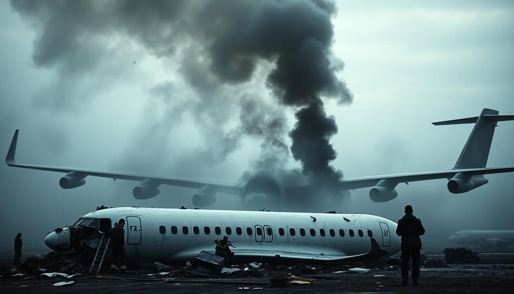 A somber realistic depiction of an airline tragedy capturing the anguish and devastation In the foreground a damaged aircraft lies on the ground billowing smoke and debris scattered across the scene In the middle ground emergency responders and bystanders react with horror and grief The background is shrouded in a somber overcast sky lending an air of melancholy to the entire composition Lighting is natural with a muted desaturated palette The scene is shot from a low angle emphasizing the overwhelming scale of the disaster Evoke a sense of profound sadness and loss Mindviewmagazine A somber realistic depiction of an airline tragedy capturing the anguish and devastation In the foreground a damaged aircraft lies on the ground billowing smoke and debris scattered across the scene In the middle ground emergency responders and bystanders react with horror and grief The background is shrouded in a somber overcast sky lending an air of melancholy to the entire composition Lighting is natural with a muted desaturated palette The scene is shot from a low angle emphasizing the overwhelming scale of the disaster Evoke a sense of profound sadness and loss Mindviewmagazine