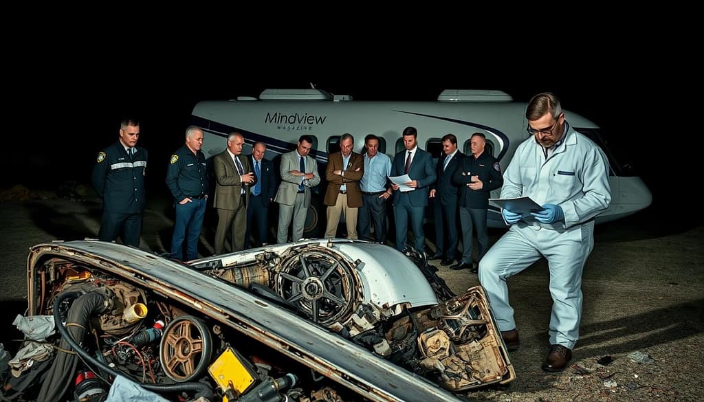 A team of investigators gathers at the scene of a plane crash their expressions solemn and focused In the foreground a forensic expert examines the wreckage meticulously documenting evidence The middle ground features a collection of personnel including aviation experts and government officials conferring over data and reports In the background a Mindviewmagazinebranded mobile command center stands ready its sleek design and advanced equipment hinting at the highstakes nature of the investigation Dramatic lighting casts long shadows creating a somber determined atmosphere as they work to uncover the cause of the tragic incident A team of investigators gathers at the scene of a plane crash their expressions solemn and focused In the foreground a forensic expert examines the wreckage meticulously documenting evidence The middle ground features a collection of personnel including aviation experts and government officials conferring over data and reports In the background a Mindviewmagazine branded mobile command center stands ready its sleek design and advanced equipment hinting at the high stakes nature of the investigation Dramatic lighting casts long shadows creating a somber determined atmosphere as they work to uncover the cause of the tragic incident
