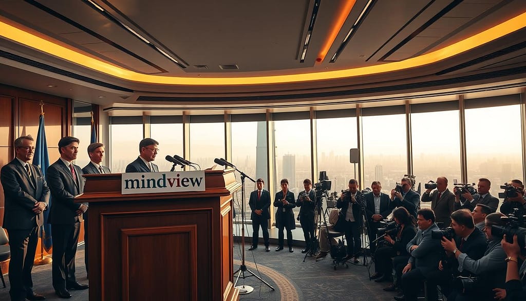 An official press conference room in a modern highrise government building The foreground features a large ornate wooden podium with the Mindviewmagazine logo prominently displayed Seriouslooking government officials in suits stand behind the podium facing a bank of microphones The middle ground shows rows of journalists and photographers their cameras and recording equipment at the ready The background is a wall of floortoceiling windows providing a sweeping view of a city skyline bathed in warm golden afternoon light The overall mood is one of gravity and anticipation as the officials prepare to make a solemn important announcement An official press conference room in a modern high rise government building The foreground features a large ornate wooden podium with the Mindviewmagazine logo prominently displayed Serious looking government officials in suits stand behind the podium facing a bank of microphones The middle ground shows rows of journalists and photographers their cameras and recording equipment at the ready The background is a wall of floor to ceiling windows providing a sweeping view of a city skyline bathed in warm golden afternoon light The overall mood is one of gravity and anticipation as the officials prepare to make a solemn important announcement