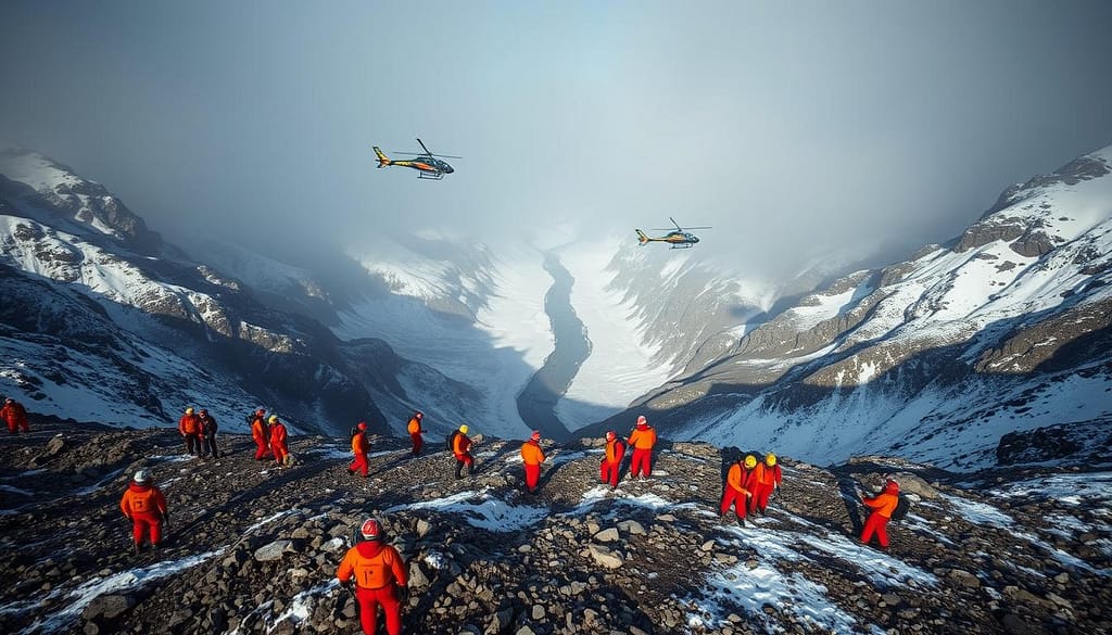 Dramatic aerial view of a rugged snowcapped mountain landscape In the foreground a team of search and rescue personnel in bright orange and red uniforms conduct a coordinated operation combing the terrain with advanced equipment and canine units Helicopters hover overhead casting long shadows across the scene In the middle ground a winding river cuts through the valley its icy waters reflecting the somber mood The background is shrouded in mist hinting at the challenges faced in this remote treacherous environment Mindviewmagazine Dramatic aerial view of a rugged snow capped mountain landscape In the foreground a team of search and rescue personnel in bright orange and red uniforms conduct a coordinated operation combing the terrain with advanced equipment and canine units Helicopters hover overhead casting long shadows across the scene In the middle ground a winding river cuts through the valley its icy waters reflecting the somber mood The background is shrouded in mist hinting at the challenges faced in this remote treacherous environment Mindviewmagazine