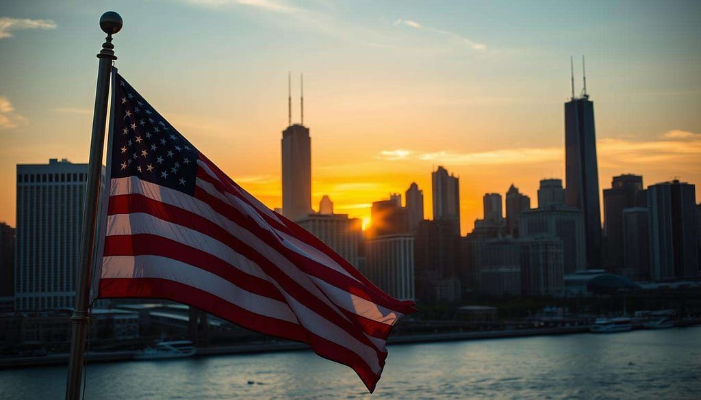 Chicago skyline with American flag symbolizing the cityfederal tension Chicago skyline with American flag symbolizing the city federal tension