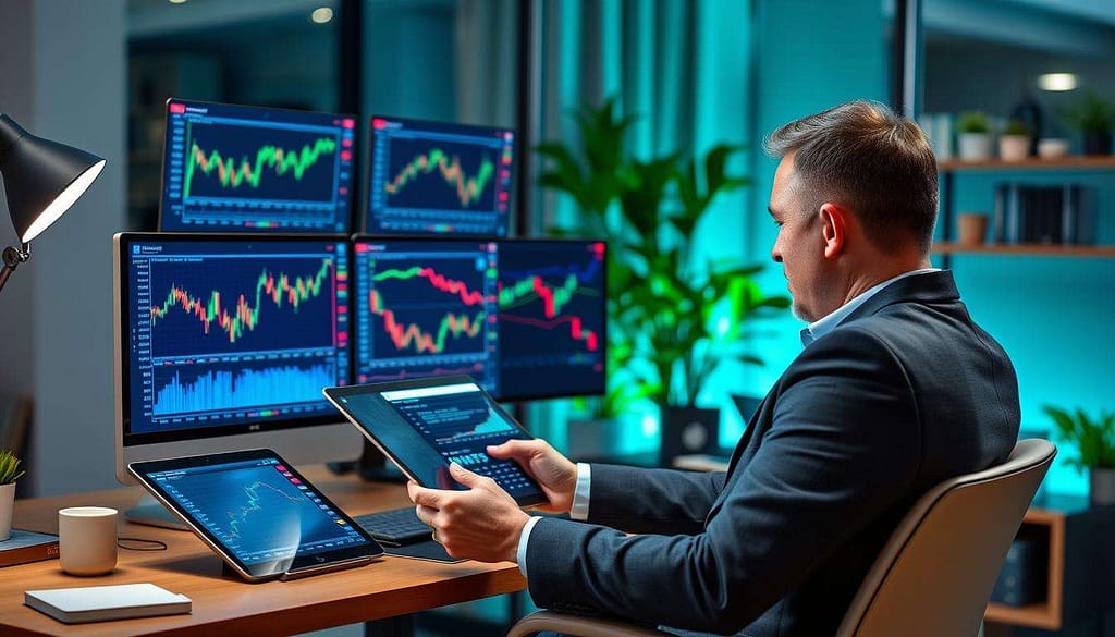 Investor reviewing portfolio on digital devices Investor reviewing portfolio on digital devices