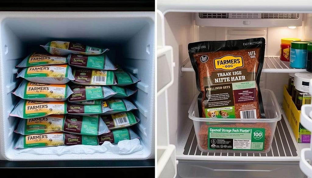 Storage containers with The Farmer's Dog food in refrigerator and freezer Storage containers with The Farmer's Dog food in refrigerator and freezer