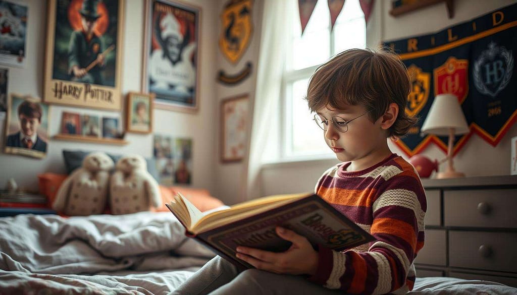A child reading Harry Potter while surrounded by Harry Potter merchandise and memorabilia A child reading Harry Potter while surrounded by Harry Potter merchandise and memorabilia