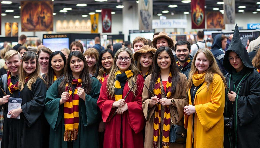 Harry Potter fans dressed in Hogwarts robes at a convention Harry Potter fans dressed in Hogwarts robes at a convention