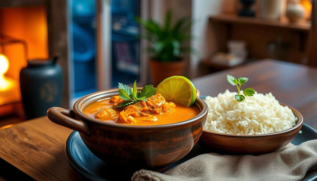 Modern presentation of Thai Massaman Curry in a home setting Modern presentation of Thai Massaman Curry in a home setting