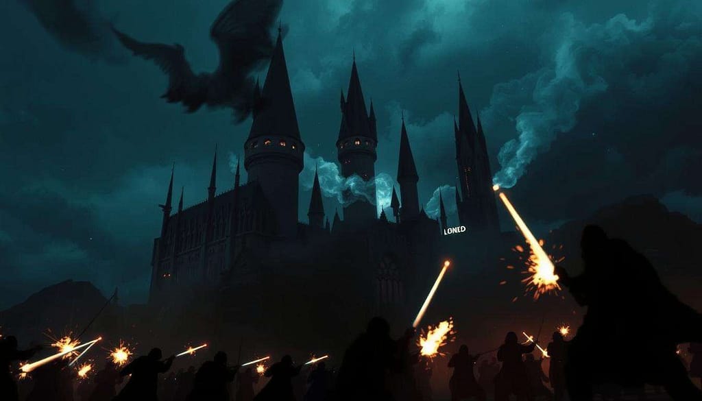 Scene from Harry Potter and the Deathly Hallows Part 2 showing the Battle of Hogwarts Scene from Harry Potter and the Deathly Hallows Part 2 showing the Battle of Hogwarts