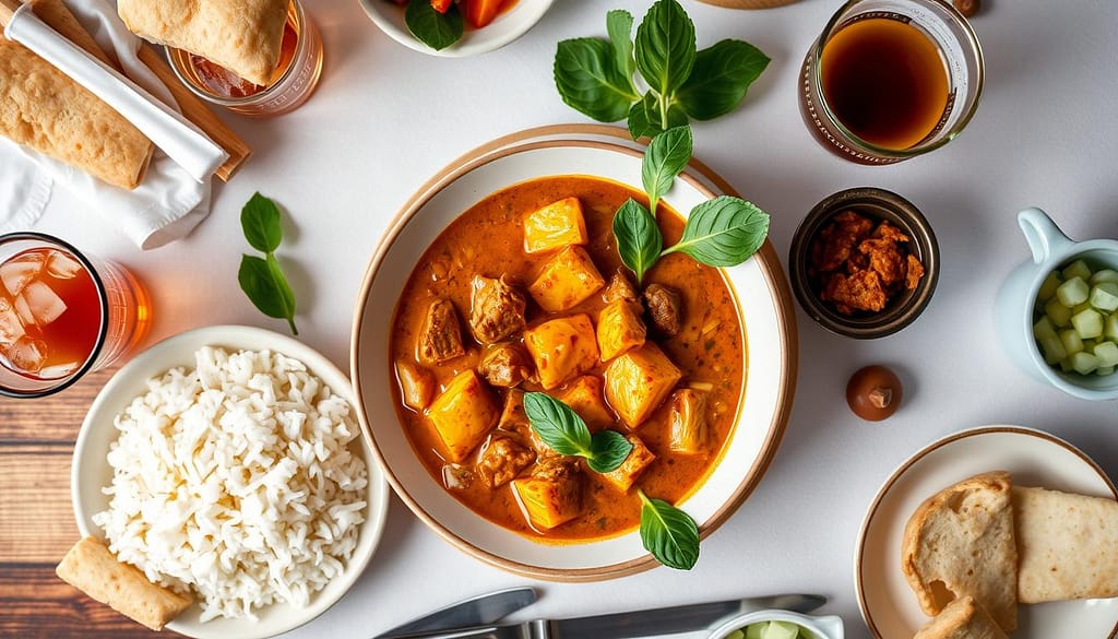 Thai Massaman Curry served with traditional accompaniments Thai Massaman Curry served with traditional accompaniments