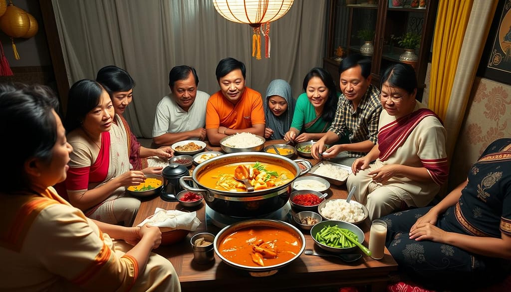 Thai family sharing Massaman Curry during a festival celebration Thai family sharing Massaman Curry during a festival celebration