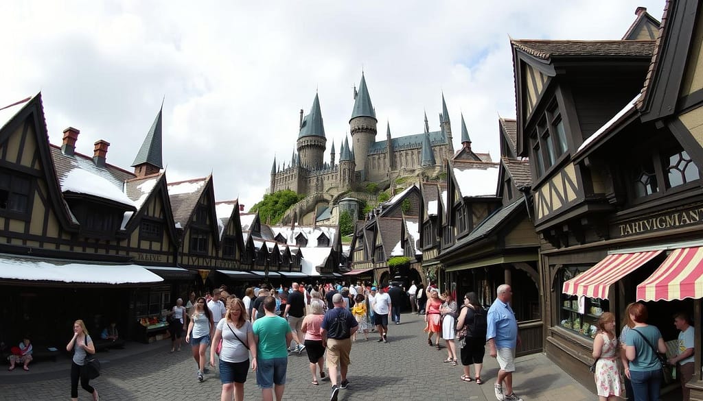 The Wizarding World of Harry Potter theme park with Hogwarts castle in the background The Wizarding World of Harry Potter theme park with Hogwarts castle in the background