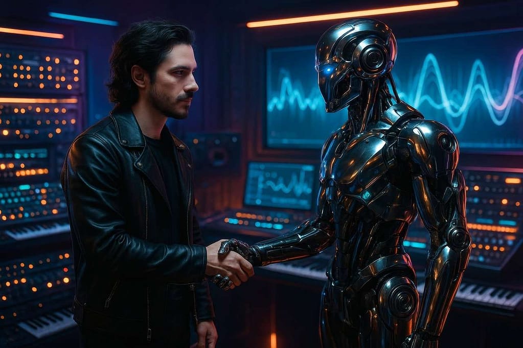 Photo by Suraajm20 MindViewMagazinecom robot human handshake studio synthesizer technology collaboration cyberpunk neon waveform machine musician android light sound future digital interface electronic composition ai generated