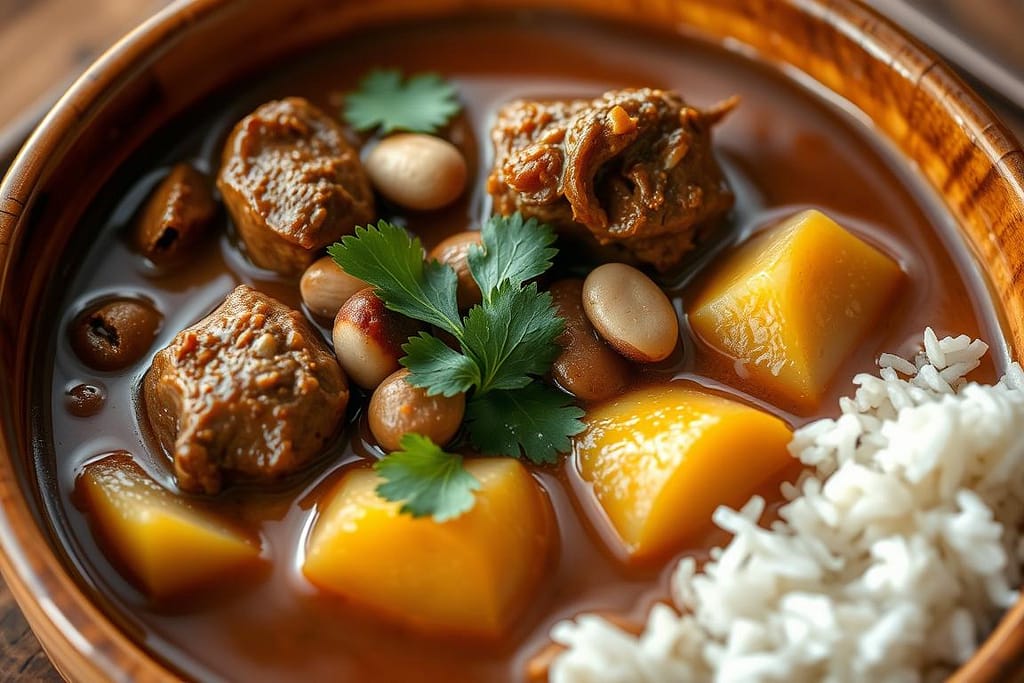 Thai Massaman Curry with beef and potatoes served in a traditional bowl Thai Massaman Curry with beef and potatoes served in a traditional bowl