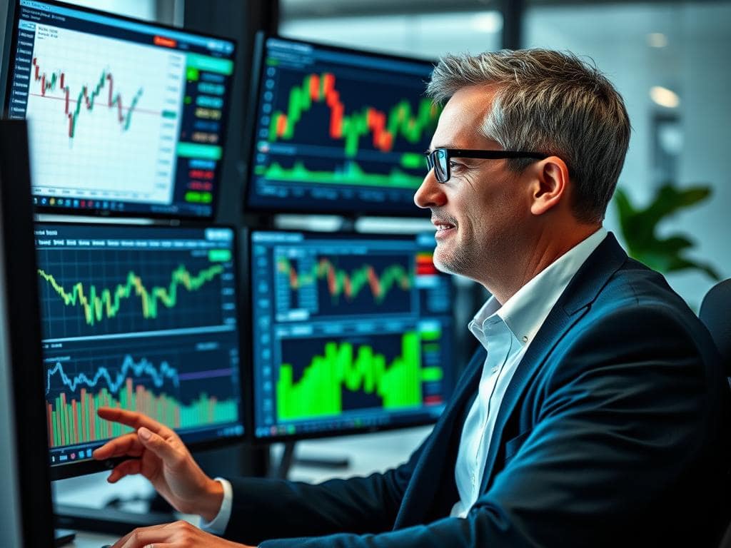 Financial analyst reviewing stock metrics and charts Financial analyst reviewing stock metrics and charts