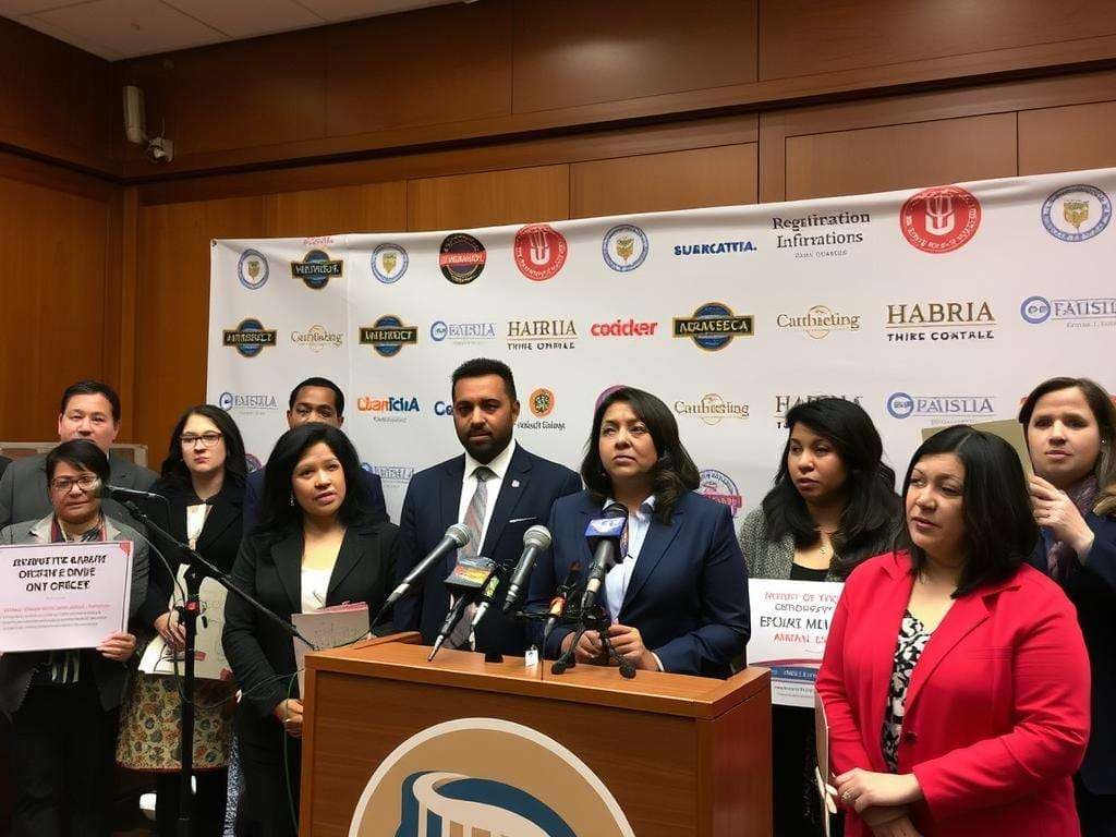 Immigrant advocacy group representatives speaking at press conference Immigrant advocacy group representatives speaking at press conference