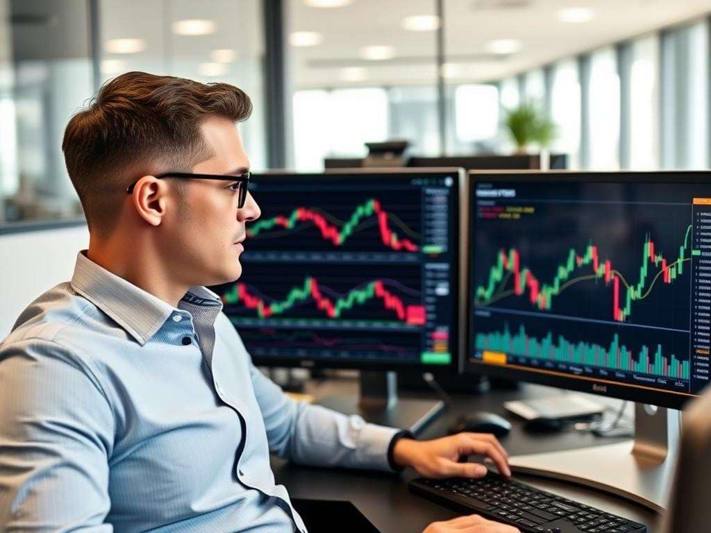Investor analyzing shortterm and longterm investment charts Investor analyzing short term and long term investment charts