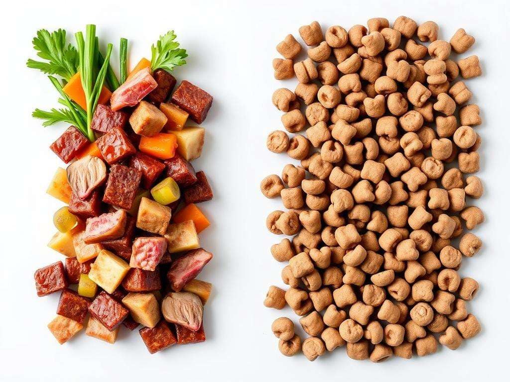 Sidebyside comparison of The Farmer's Dog fresh food and traditional kibble Side by side comparison of The Farmer's Dog fresh food and traditional kibble