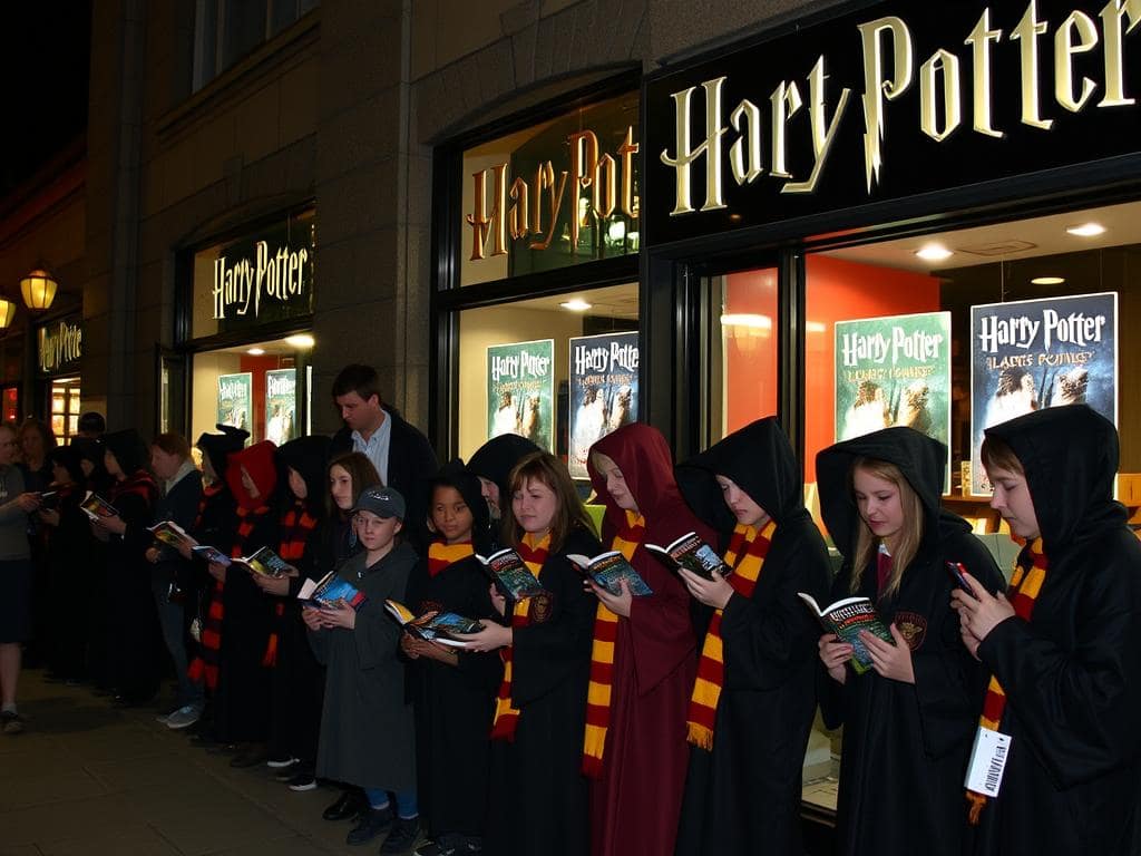 Fans lined up at a midnight book release party for Harry Potter and the Deathly Hallows Fans lined up at a midnight book release party for Harry Potter and the Deathly Hallows