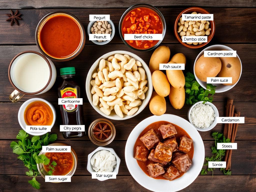 Thai Massaman Curry ingredients laid out on a wooden table Thai Massaman Curry ingredients laid out on a wooden table