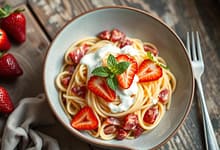 BowlofMakaronzTruskawkamistrawberrypastagarnishedwithfreshstrawberriesandmint MindViewMagazinecom Bowl of Makaron z Truskawkami strawberry pasta garnished with fresh strawberries and mint leaves