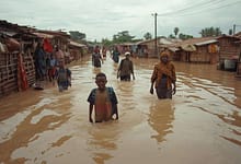 Flooded Sudanese village after 2025 rains children MindViewMagazinecom