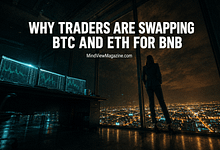 bnbbtcethrotationherojune2026 MindViewMagazinecom Crypto update news June 2026 lone trader at high rise windows at night as markets show BNB outperforming BTC and ETH