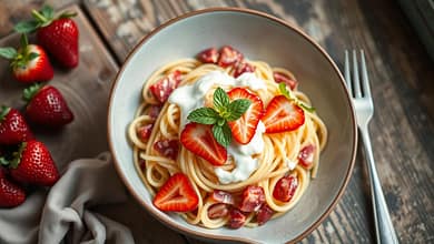 BowlofMakaronzTruskawkamistrawberrypastagarnishedwithfreshstrawberriesandmint MindViewMagazinecom Bowl of Makaron z Truskawkami strawberry pasta garnished with fresh strawberries and mint leaves