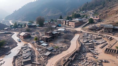 AerialviewofflashfloodsdevastatingUttarakhandsDharalivillagewithmuddytorrents MindViewMagazinecom Aerial view of flash floods devastating Uttarakhands Dharali village with muddy torrents tearing through settlements