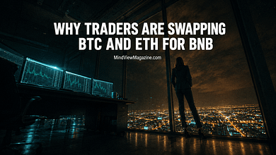 bnbbtcethrotationherojune2026 MindViewMagazinecom Crypto update news June 2026 lone trader at high rise windows at night as markets show BNB outperforming BTC and ETH