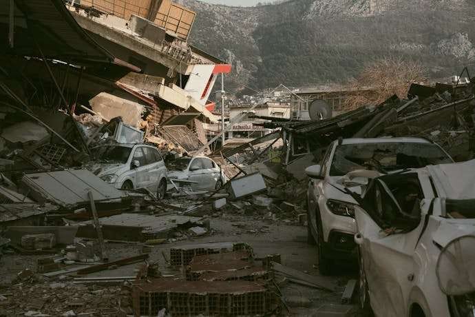 Photo by Doruk Aksel Anıl MindViewMagazinecom Severe earthquake damage in Antakya Türkiye with collapsed buildings and cars