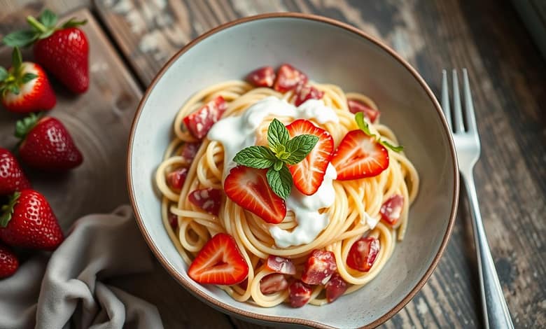 BowlofMakaronzTruskawkamistrawberrypastagarnishedwithfreshstrawberriesandmint MindViewMagazinecom Bowl of Makaron z Truskawkami strawberry pasta garnished with fresh strawberries and mint leaves